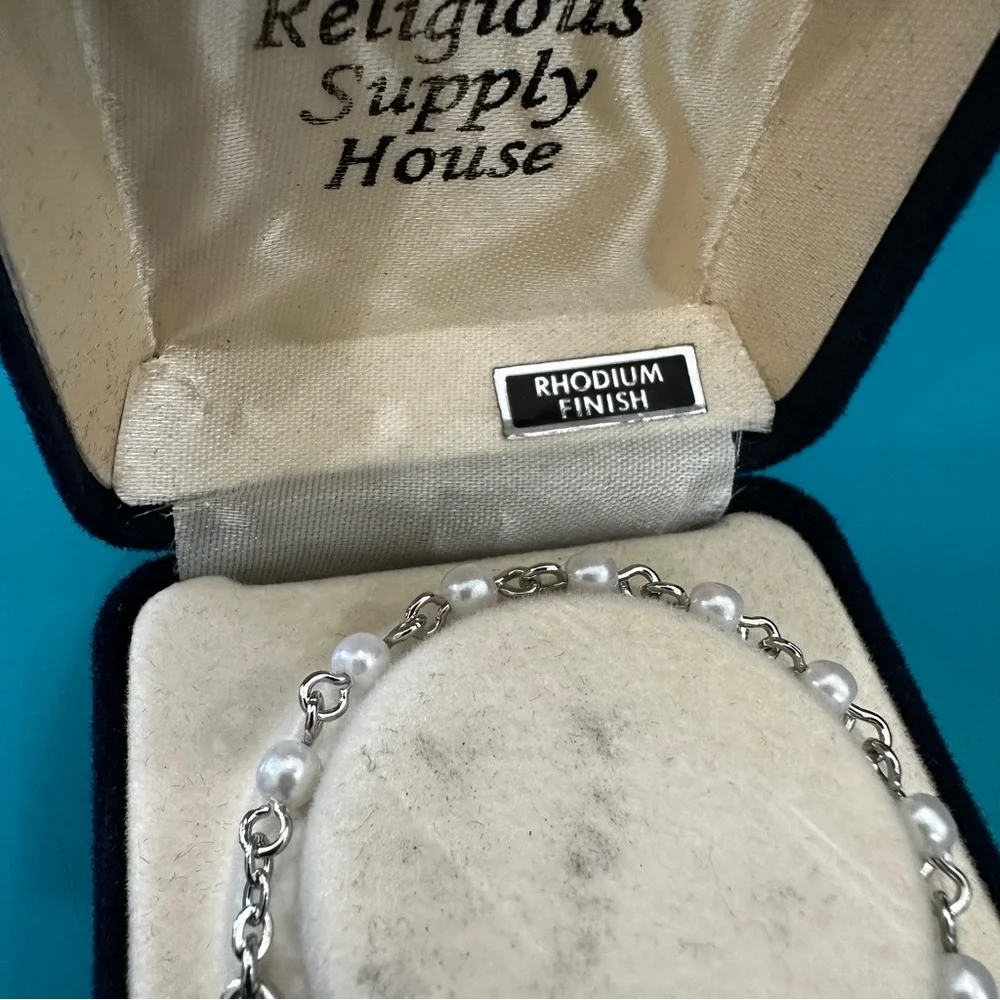 Rhodium Plated Faux Pearl Crucifix Cross Religious Medal Bracelet Baby Jewelry